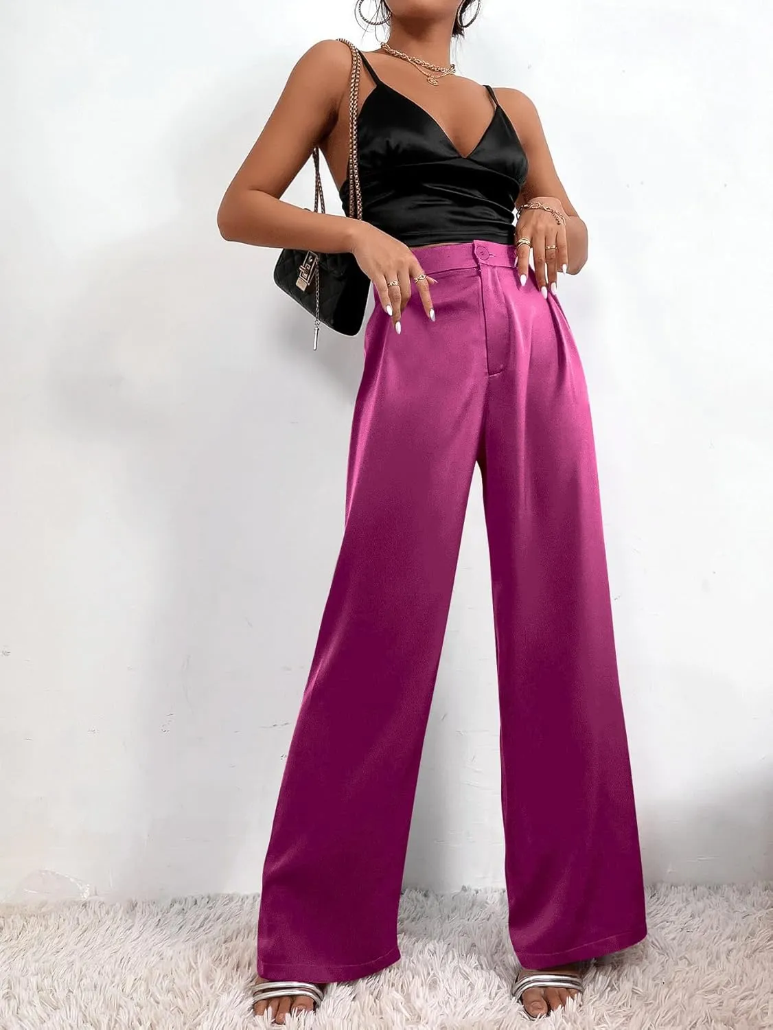 SweatyRocks Women's High Waist Satin Wide Leg Pants Casual Work Office Faux Silk Long Trousers with Pockets
