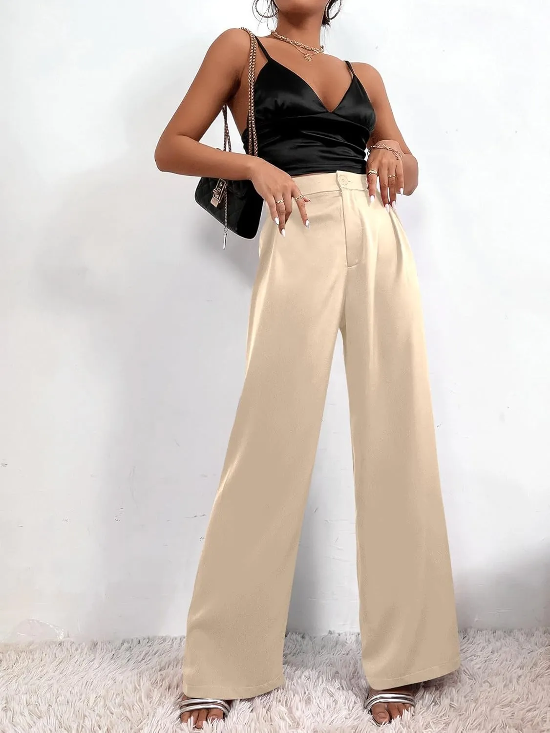 SweatyRocks Women's High Waist Satin Wide Leg Pants Casual Work Office Faux Silk Long Trousers with Pockets