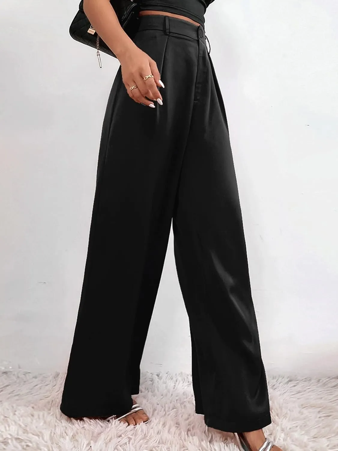 SweatyRocks Women's High Waist Satin Wide Leg Pants Casual Work Office Faux Silk Long Trousers with Pockets