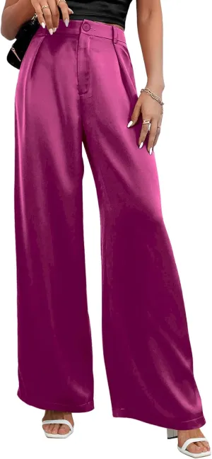 SweatyRocks Women's High Waist Satin Wide Leg Pants Casual Work Office Faux Silk Long Trousers with Pockets