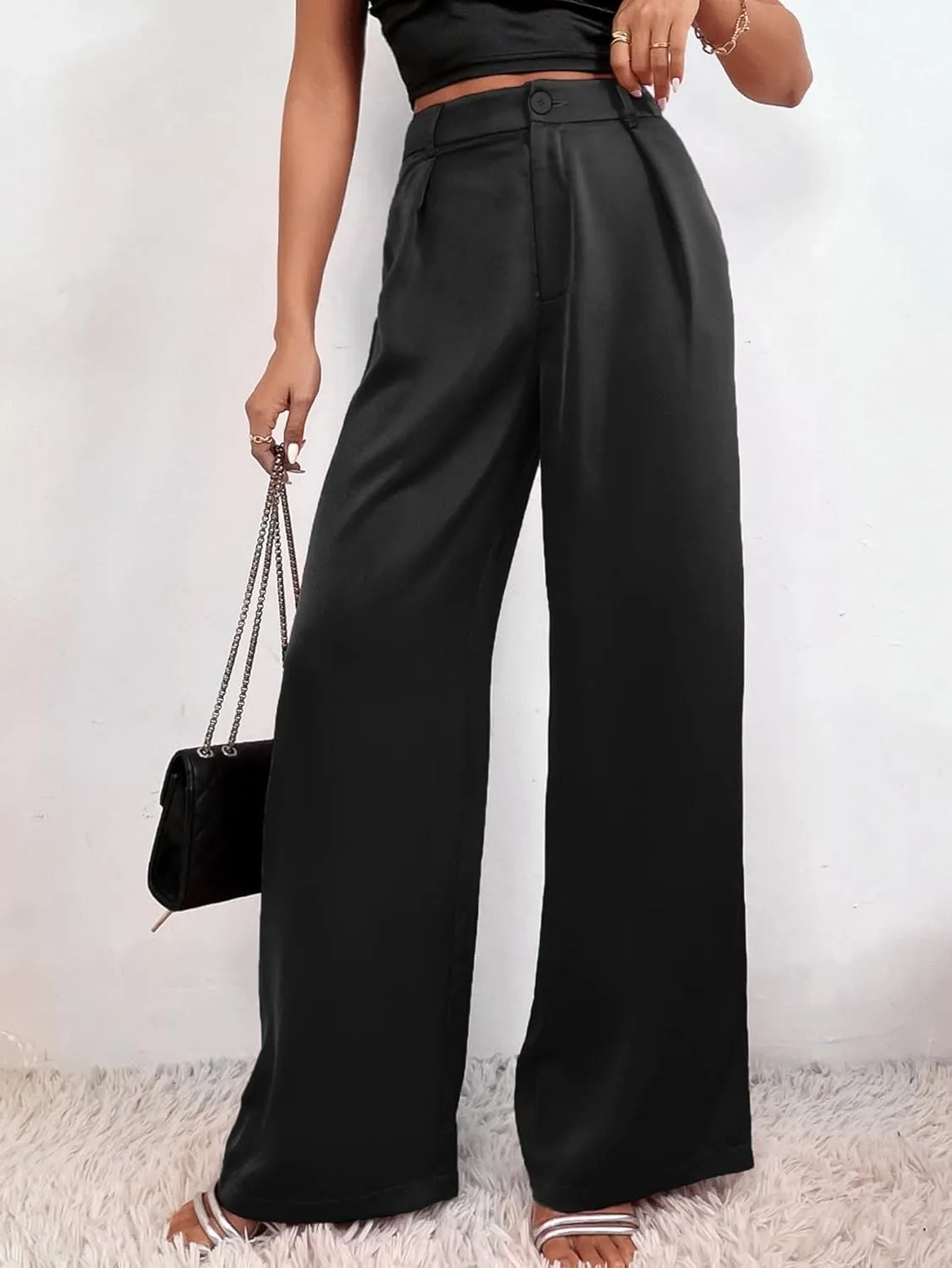 SweatyRocks Women's High Waist Satin Wide Leg Pants Casual Work Office Faux Silk Long Trousers with Pockets