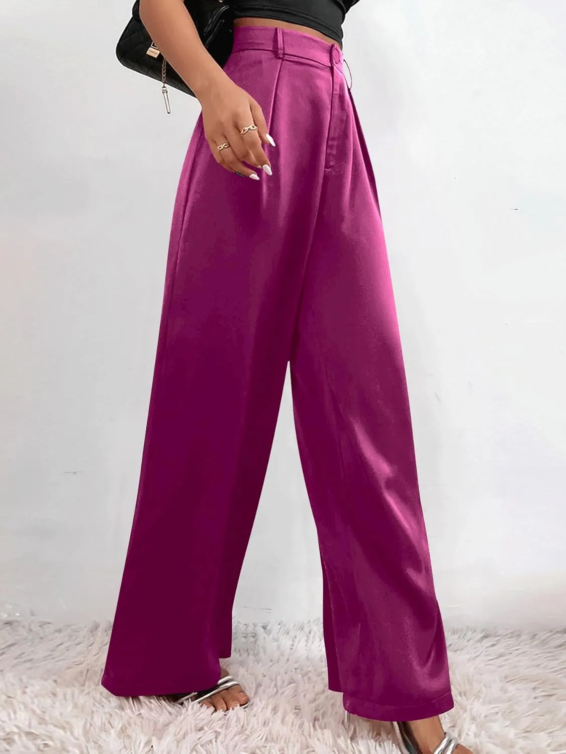 SweatyRocks Women's High Waist Satin Wide Leg Pants Casual Work Office Faux Silk Long Trousers with Pockets