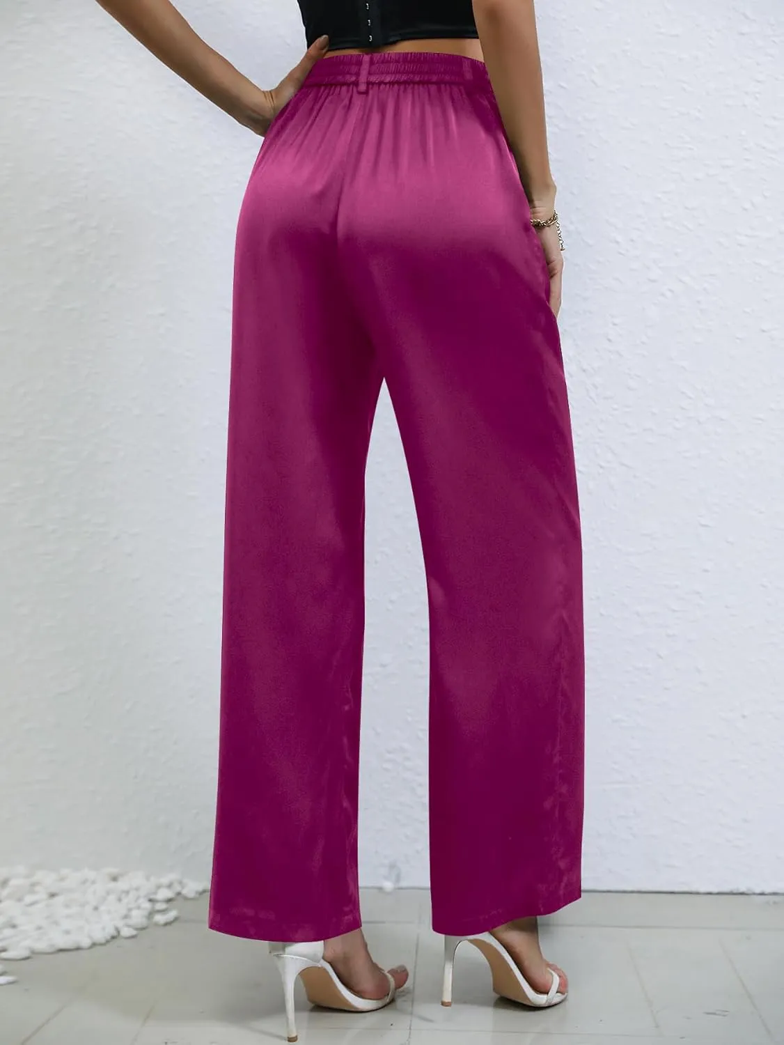 SweatyRocks Women's High Waist Satin Wide Leg Pants Casual Work Office Faux Silk Long Trousers with Pockets