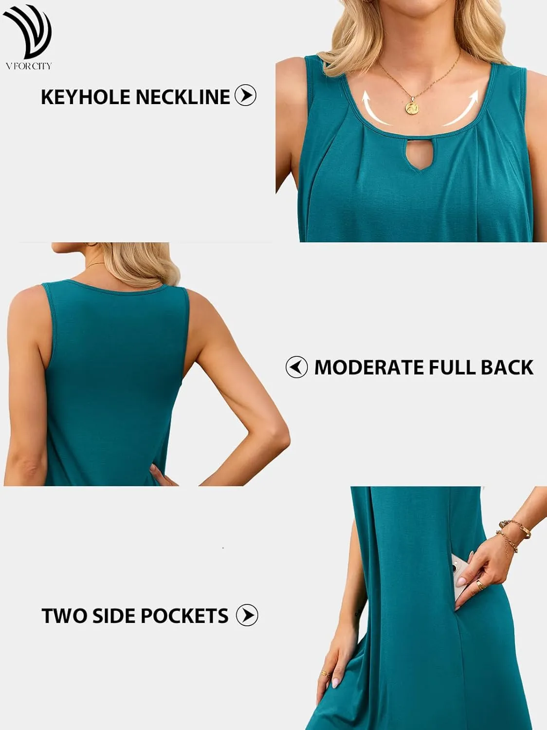 V FOR CITY Women's Summer Dress with Built-in Bra Pockets Sleeveless Pleated Sundress Loose Work Casual Tank Dresses