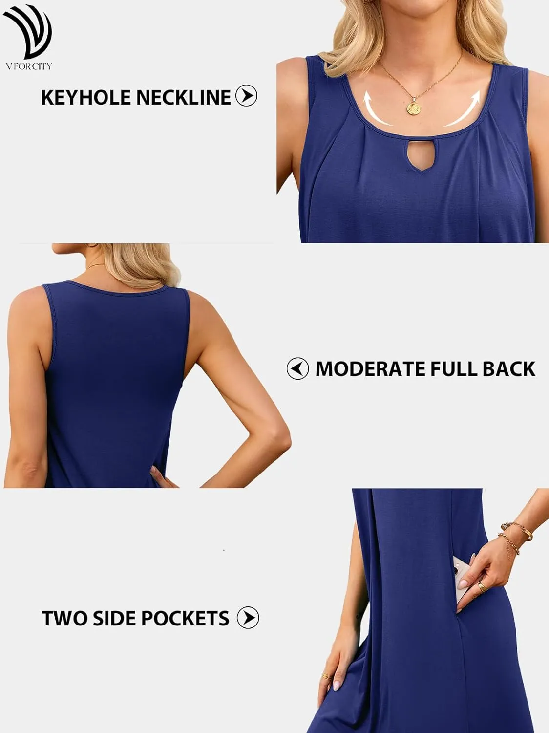V FOR CITY Women's Summer Dress with Built-in Bra Pockets Sleeveless Pleated Sundress Loose Work Casual Tank Dresses
