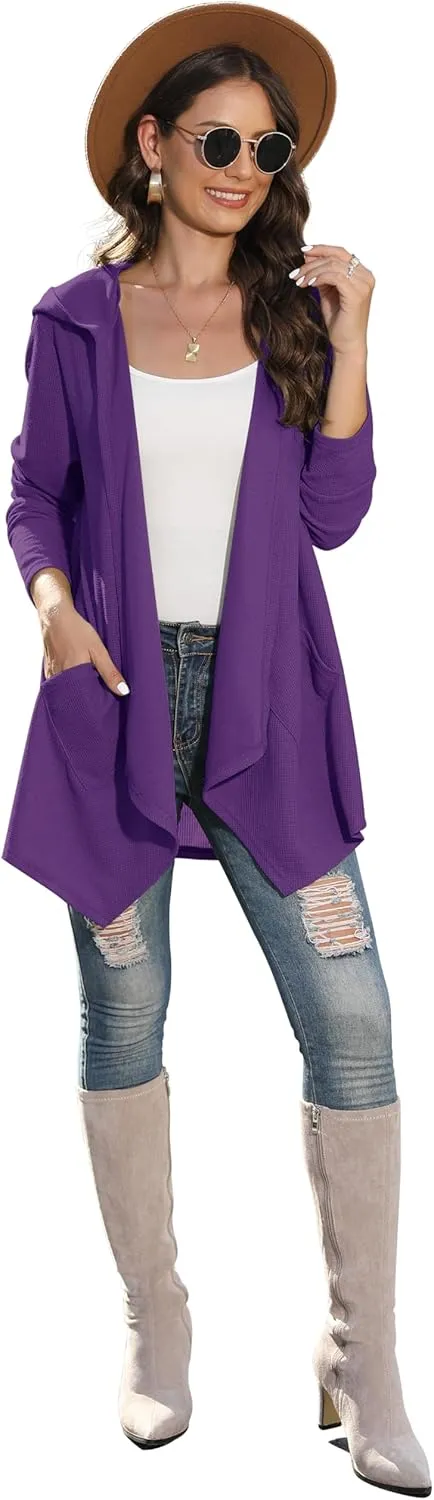 VIISHOW Womens Lightweight Casual Hoodie Cardigans Open Front Waffle Knit Long Sleeve Outwear Coat with Pockets