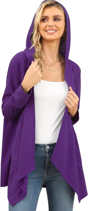 VIISHOW Womens Lightweight Casual Hoodie Cardigans Open Front Waffle Knit Long Sleeve Outwear Coat with Pockets