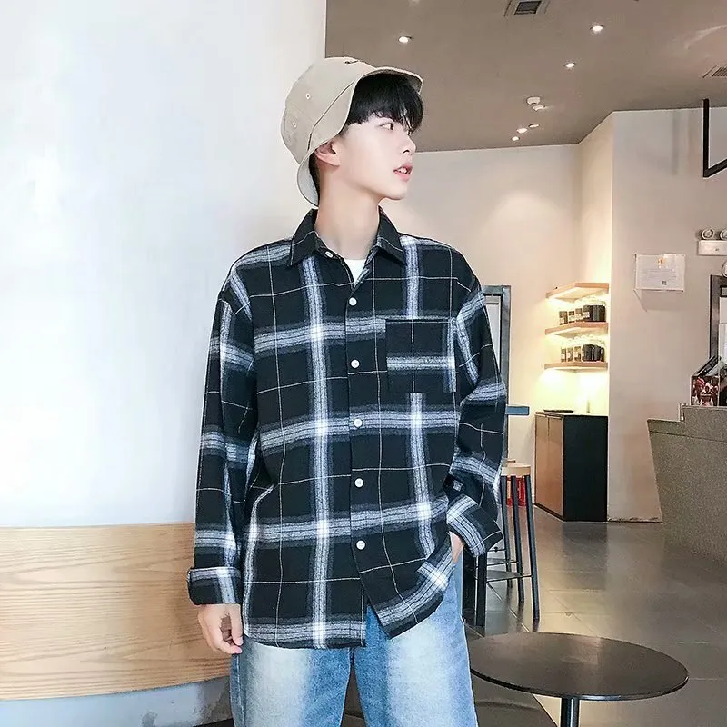 Vintage Chequered Shirt Long Sleeved Lapel Young Trendy Outerwear