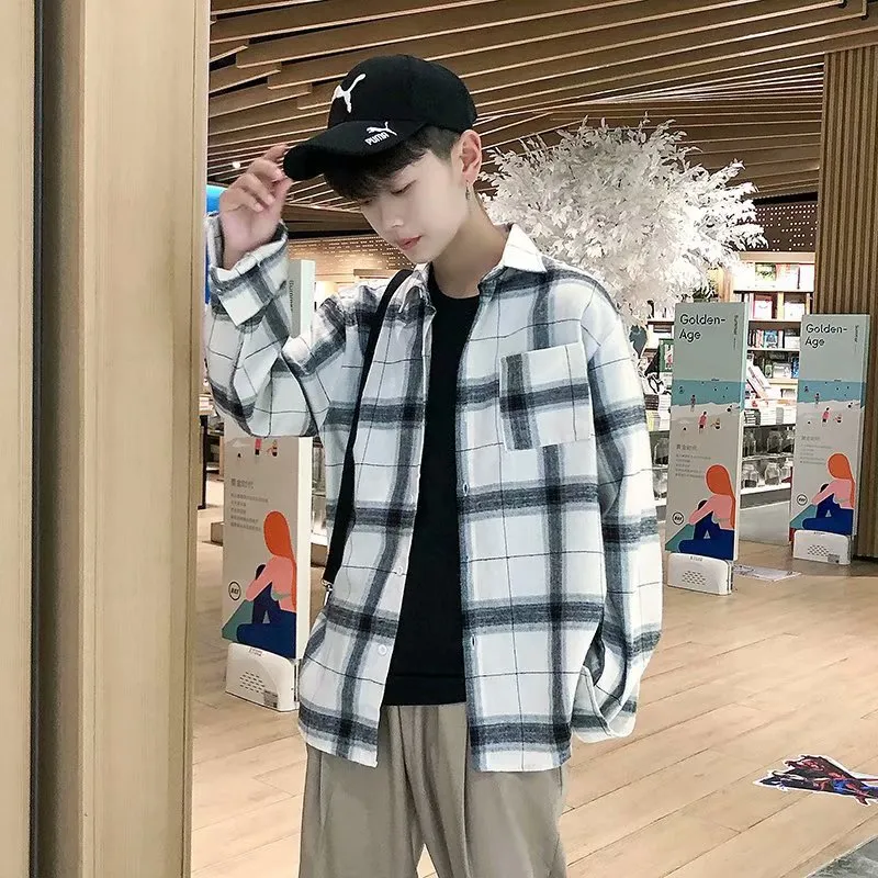 Vintage Chequered Shirt Long Sleeved Lapel Young Trendy Outerwear