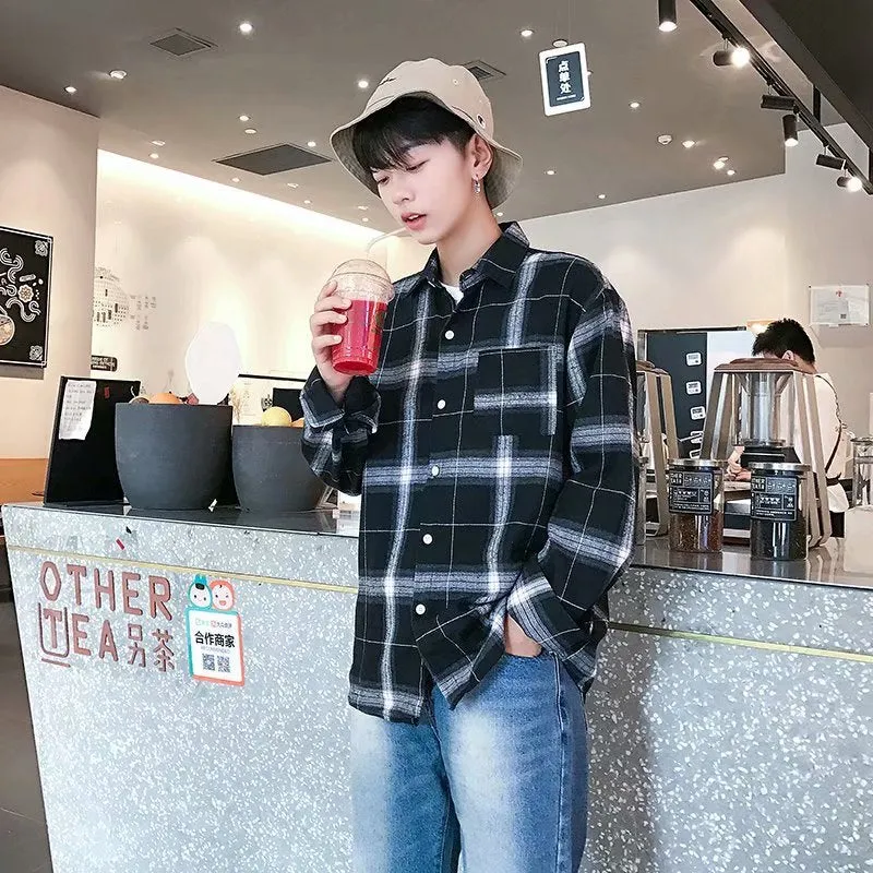 Vintage Chequered Shirt Long Sleeved Lapel Young Trendy Outerwear