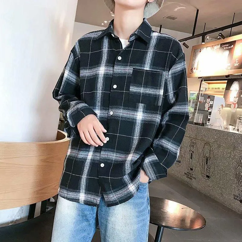 Vintage Chequered Shirt Long Sleeved Lapel Young Trendy Outerwear