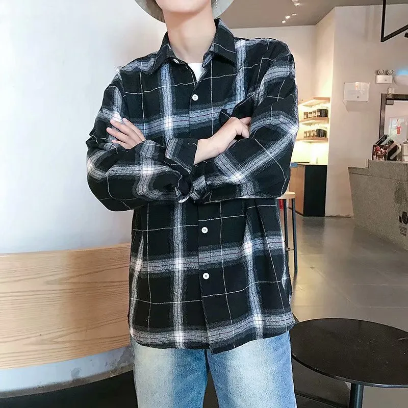 Vintage Chequered Shirt Long Sleeved Lapel Young Trendy Outerwear