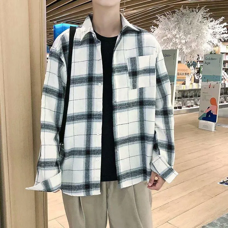 Vintage Chequered Shirt Long Sleeved Lapel Young Trendy Outerwear