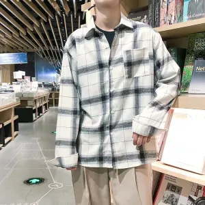Vintage Chequered Shirt Long Sleeved Lapel Young Trendy Outerwear