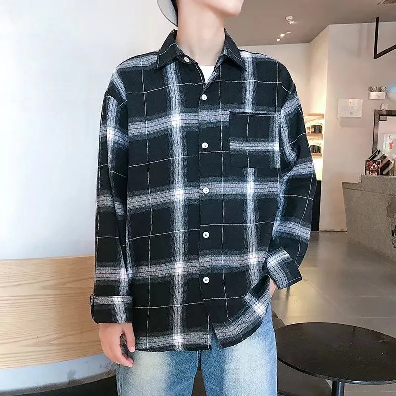 Vintage Chequered Shirt Long Sleeved Lapel Young Trendy Outerwear