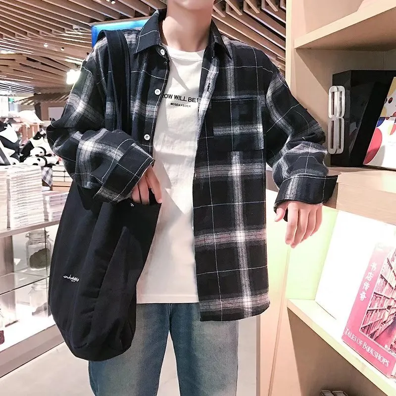 Vintage Chequered Shirt Long Sleeved Lapel Young Trendy Outerwear