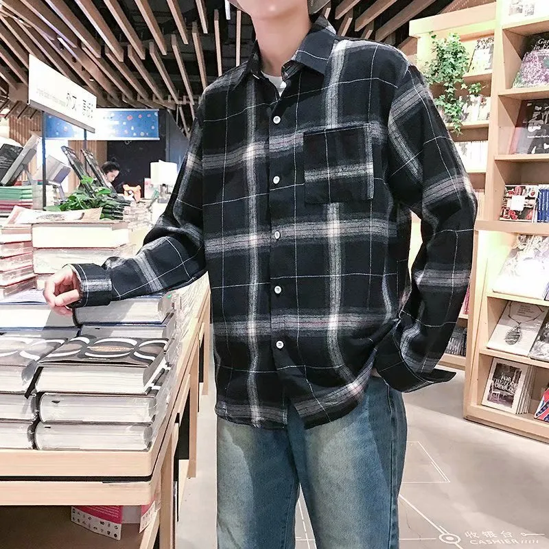 Vintage Chequered Shirt Long Sleeved Lapel Young Trendy Outerwear