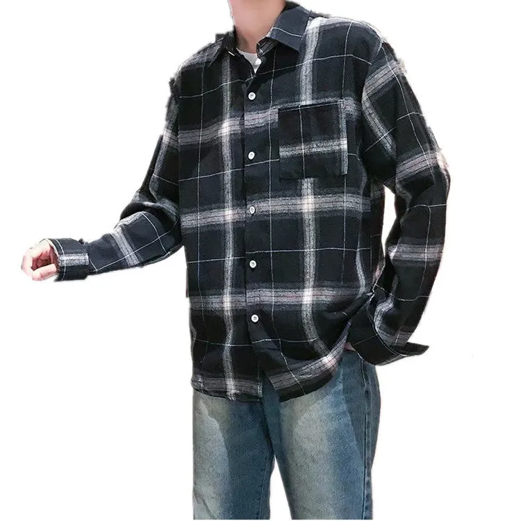 Vintage Chequered Shirt Long Sleeved Lapel Young Trendy Outerwear