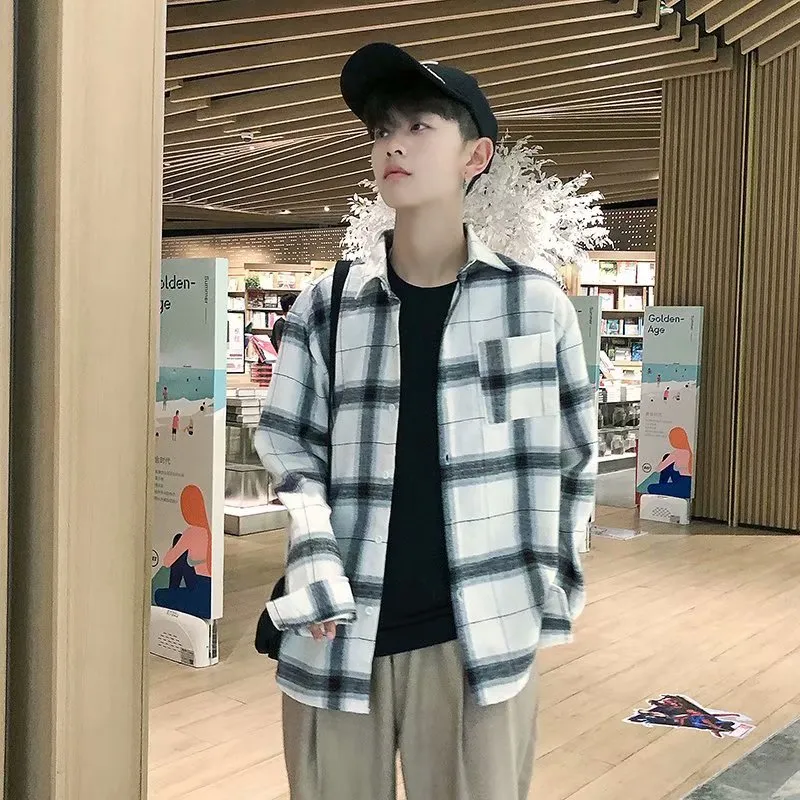 Vintage Chequered Shirt Long Sleeved Lapel Young Trendy Outerwear