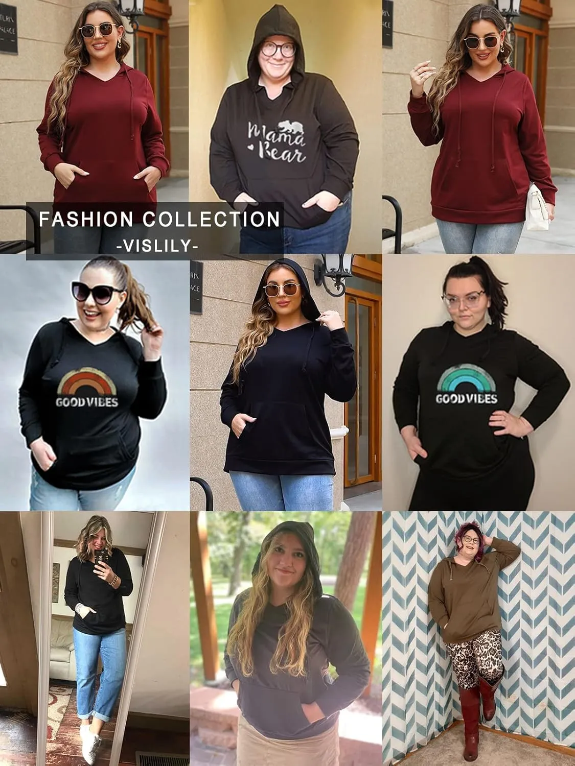 VISLILY Womens Plus-Size Hoodies V Neck Pullover Sweatshirts with Pocket