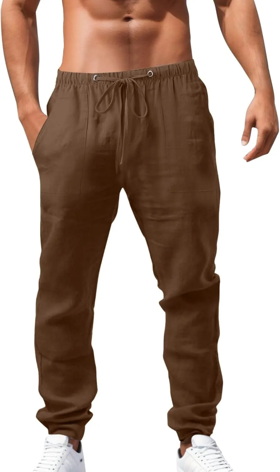 White Linen Pants Men Drawstring Slim Fit Yoga Pants Casual Vintage Lightweight Comfortable Trousers with Pockets