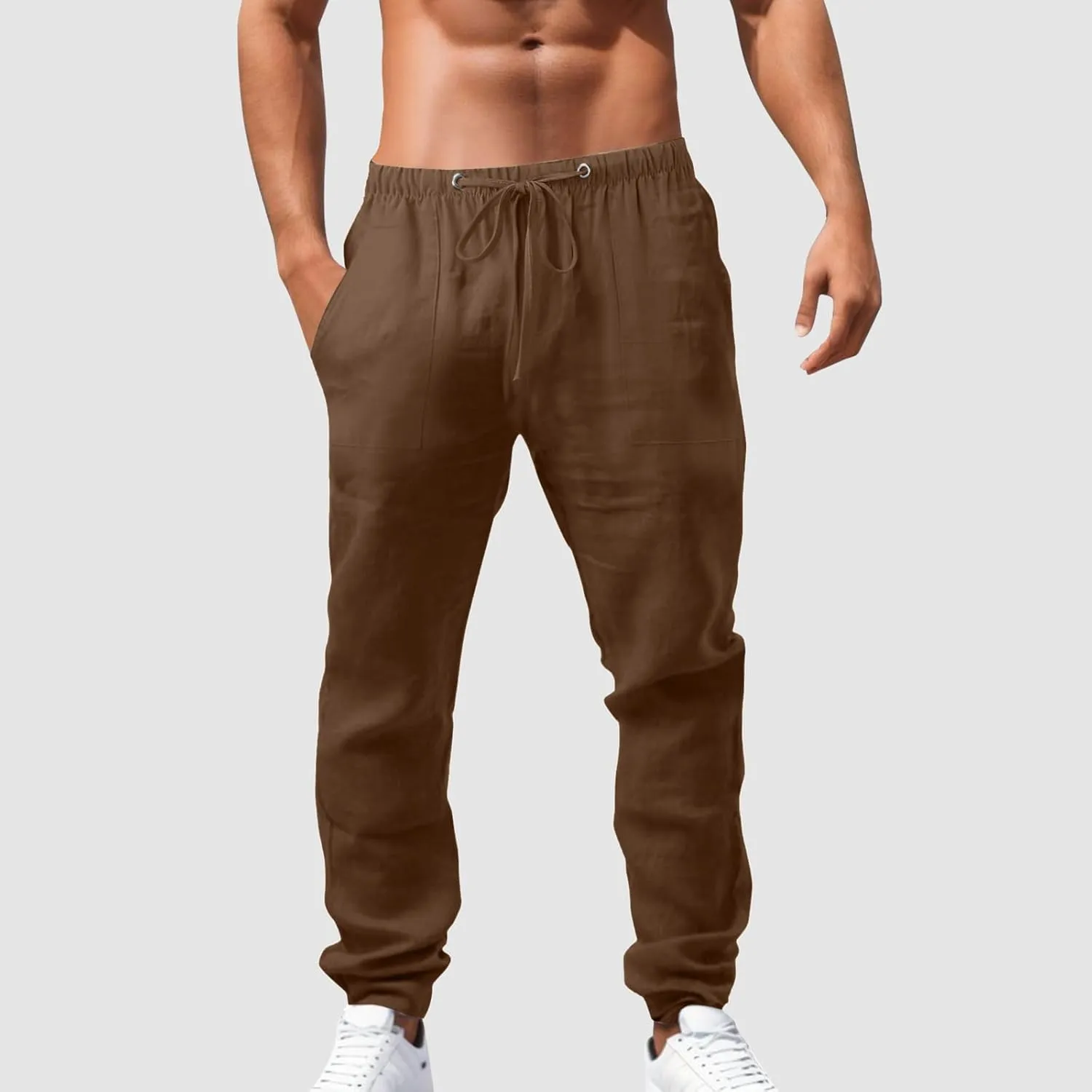 White Linen Pants Men Drawstring Slim Fit Yoga Pants Casual Vintage Lightweight Comfortable Trousers with Pockets
