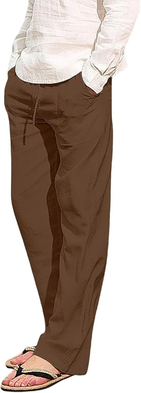 White Linen Pants Men Drawstring Slim Fit Yoga Pants Casual Vintage Lightweight Comfortable Trousers with Pockets