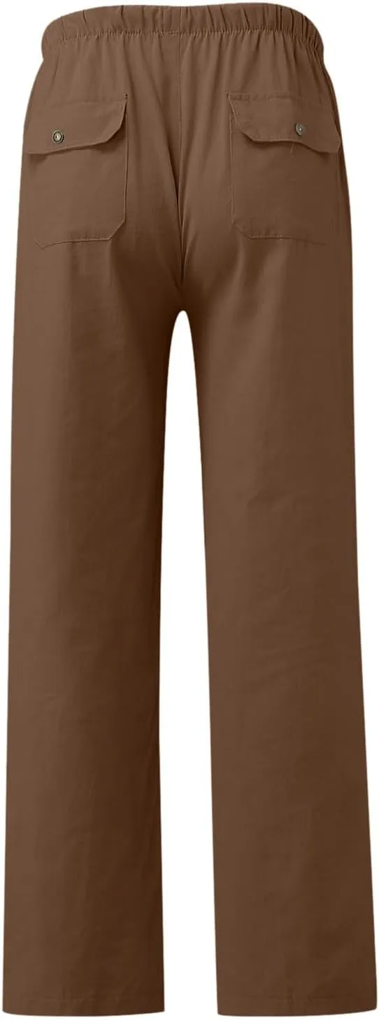 White Linen Pants Men Drawstring Slim Fit Yoga Pants Casual Vintage Lightweight Comfortable Trousers with Pockets