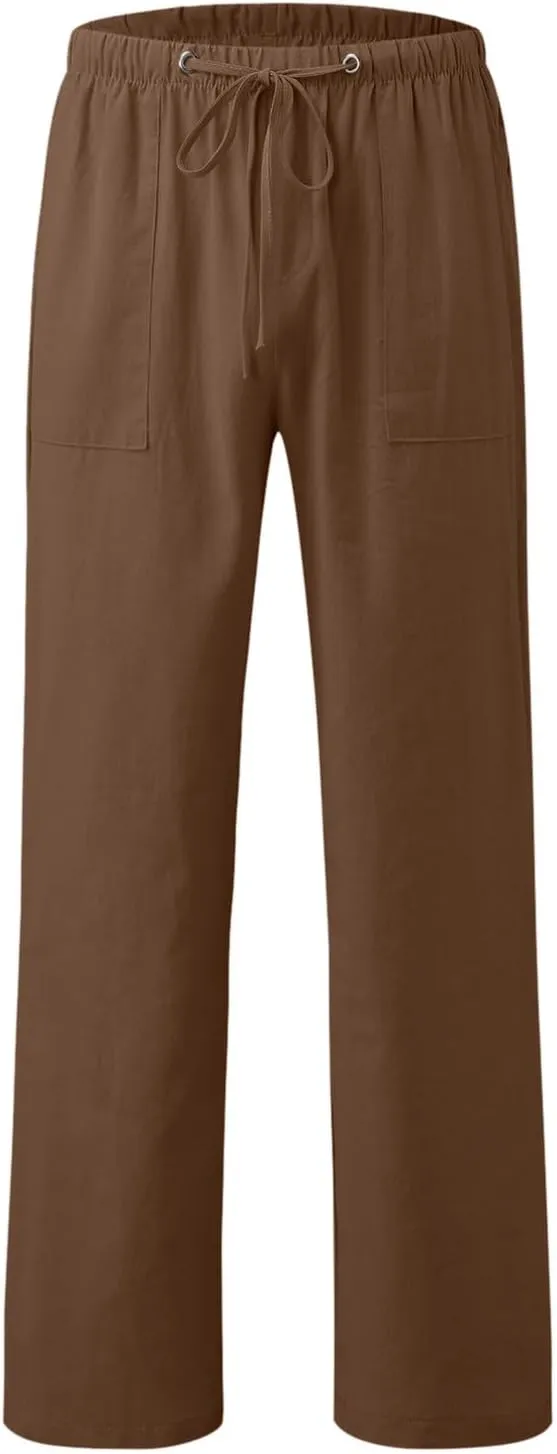 White Linen Pants Men Drawstring Slim Fit Yoga Pants Casual Vintage Lightweight Comfortable Trousers with Pockets