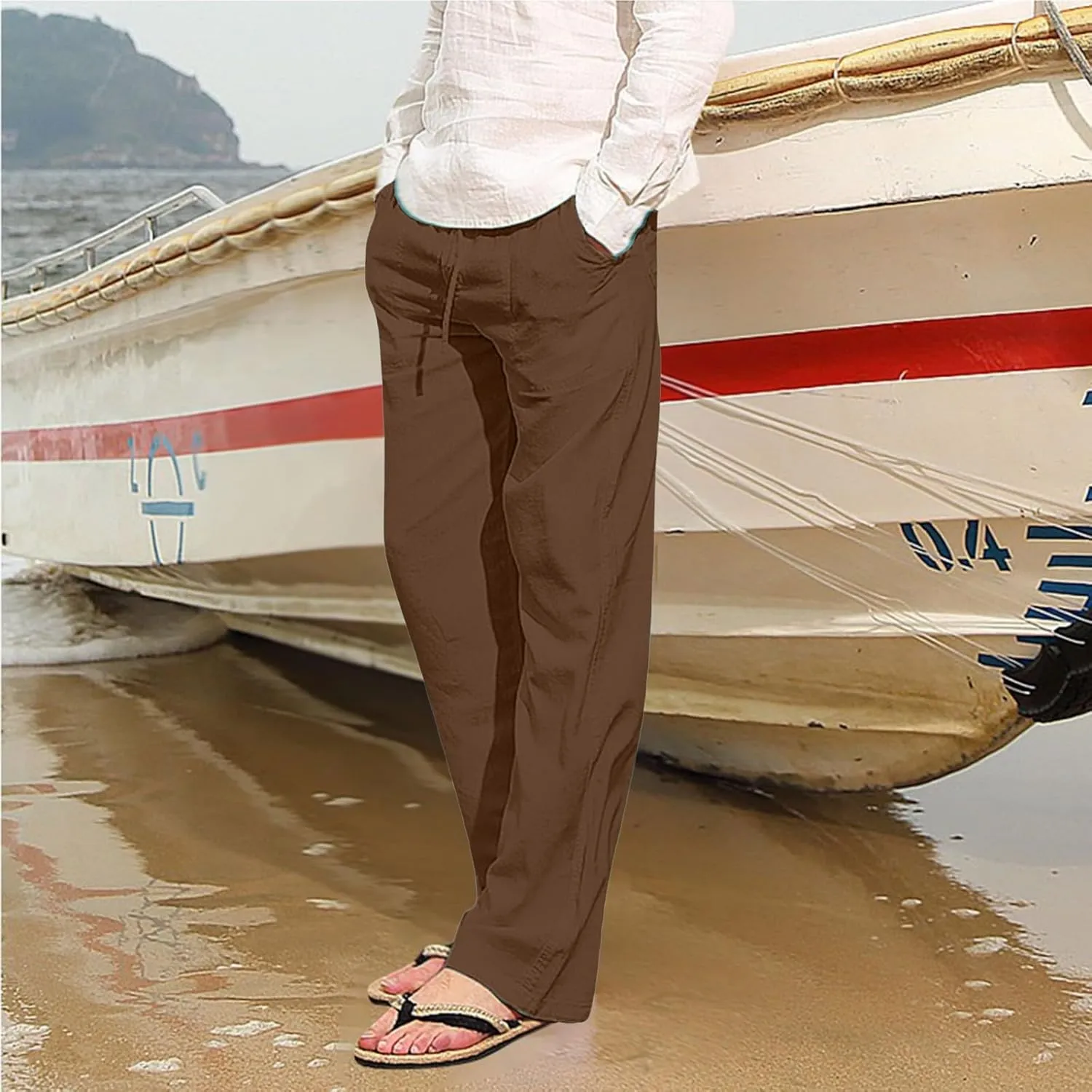 White Linen Pants Men Drawstring Slim Fit Yoga Pants Casual Vintage Lightweight Comfortable Trousers with Pockets