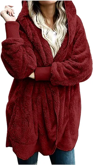 Winter Coats for Women 2024 Plus Size Long Sleeve Fuzzy Fleece Jacket Hooded Casual Warm Open Front Cardigans Outwear