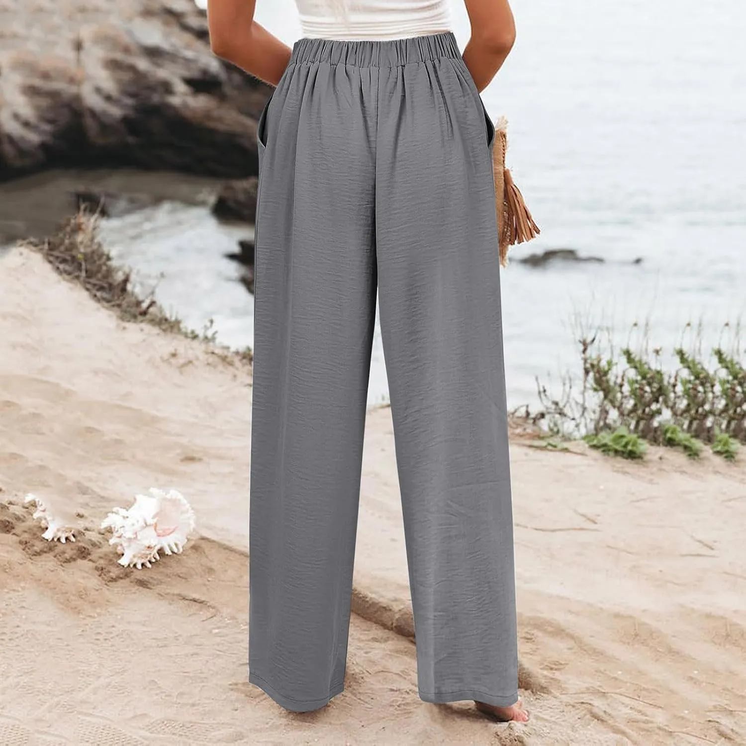 Women Linen Blend Summer Floral Pant Trousers Low Waist Baggy Stretchy Slim-Fit Pants Beach