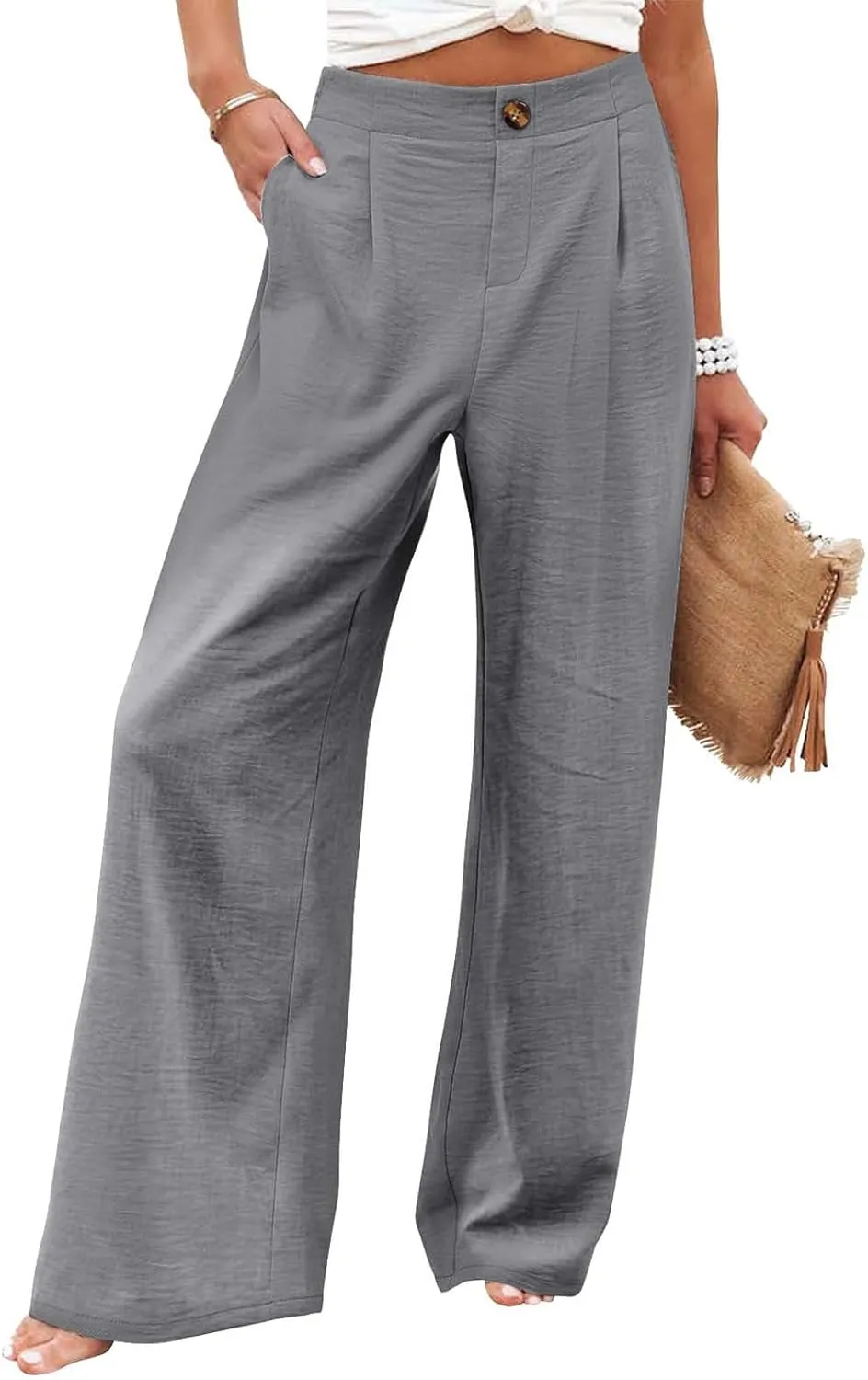 Women Linen Blend Summer Floral Pant Trousers Low Waist Baggy Stretchy Slim-Fit Pants Beach