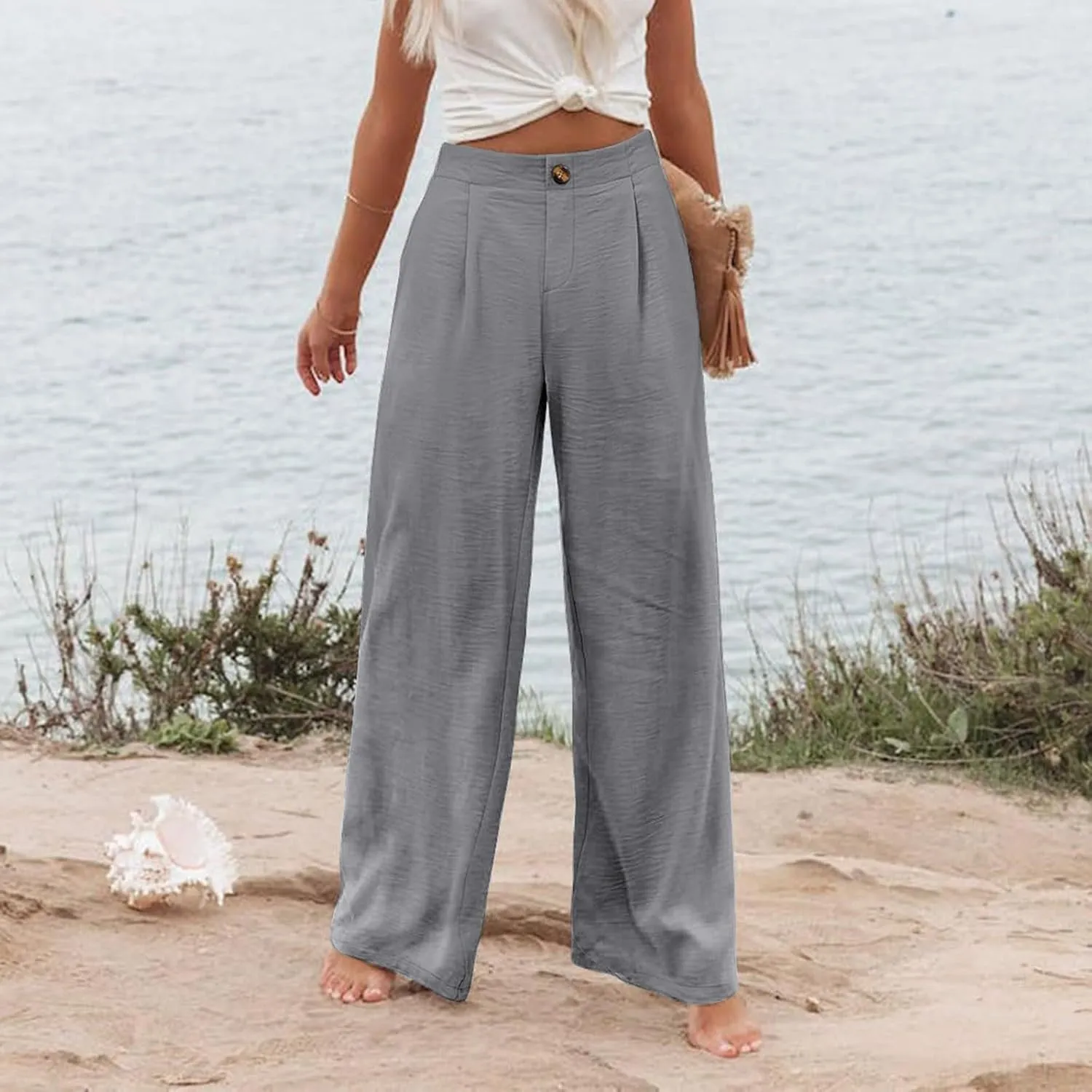 Women Linen Blend Summer Floral Pant Trousers Low Waist Baggy Stretchy Slim-Fit Pants Beach