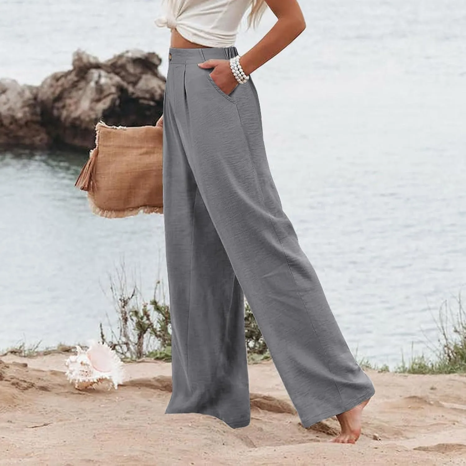 Women Linen Blend Summer Floral Pant Trousers Low Waist Baggy Stretchy Slim-Fit Pants Beach