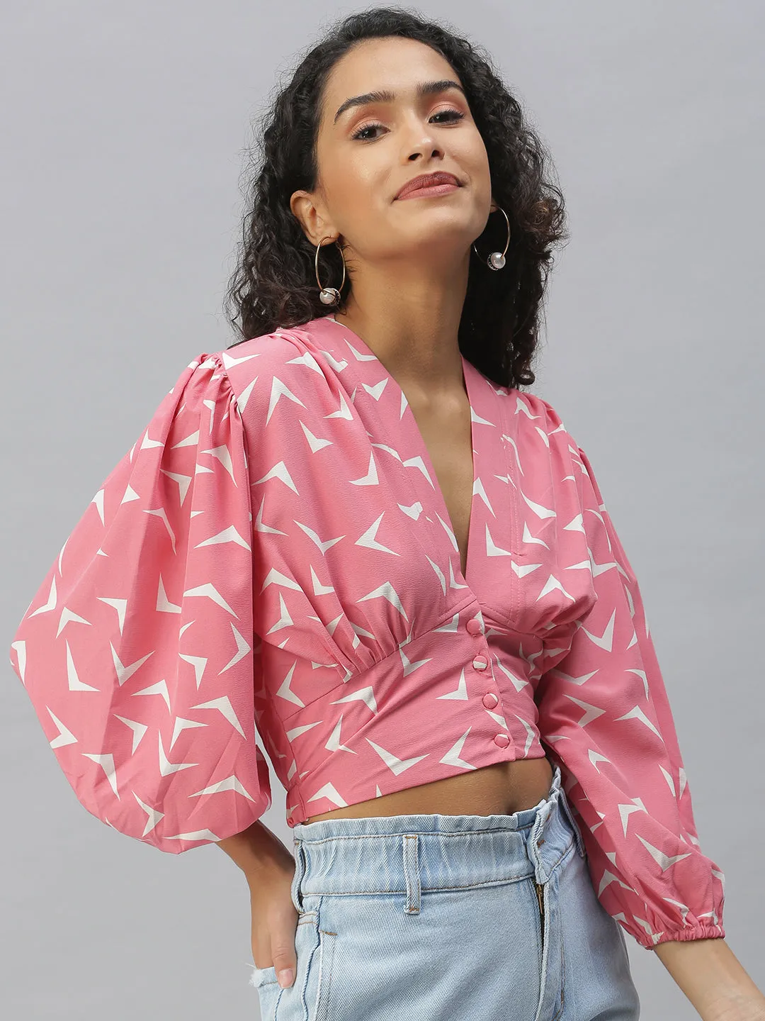 Women Pink Geometric Print Crepe Shirt Style Crop Top