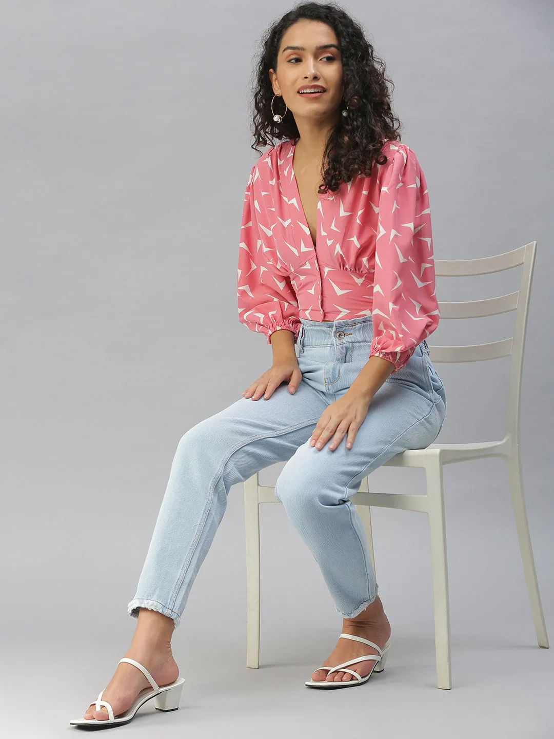 Women Pink Geometric Print Crepe Shirt Style Crop Top