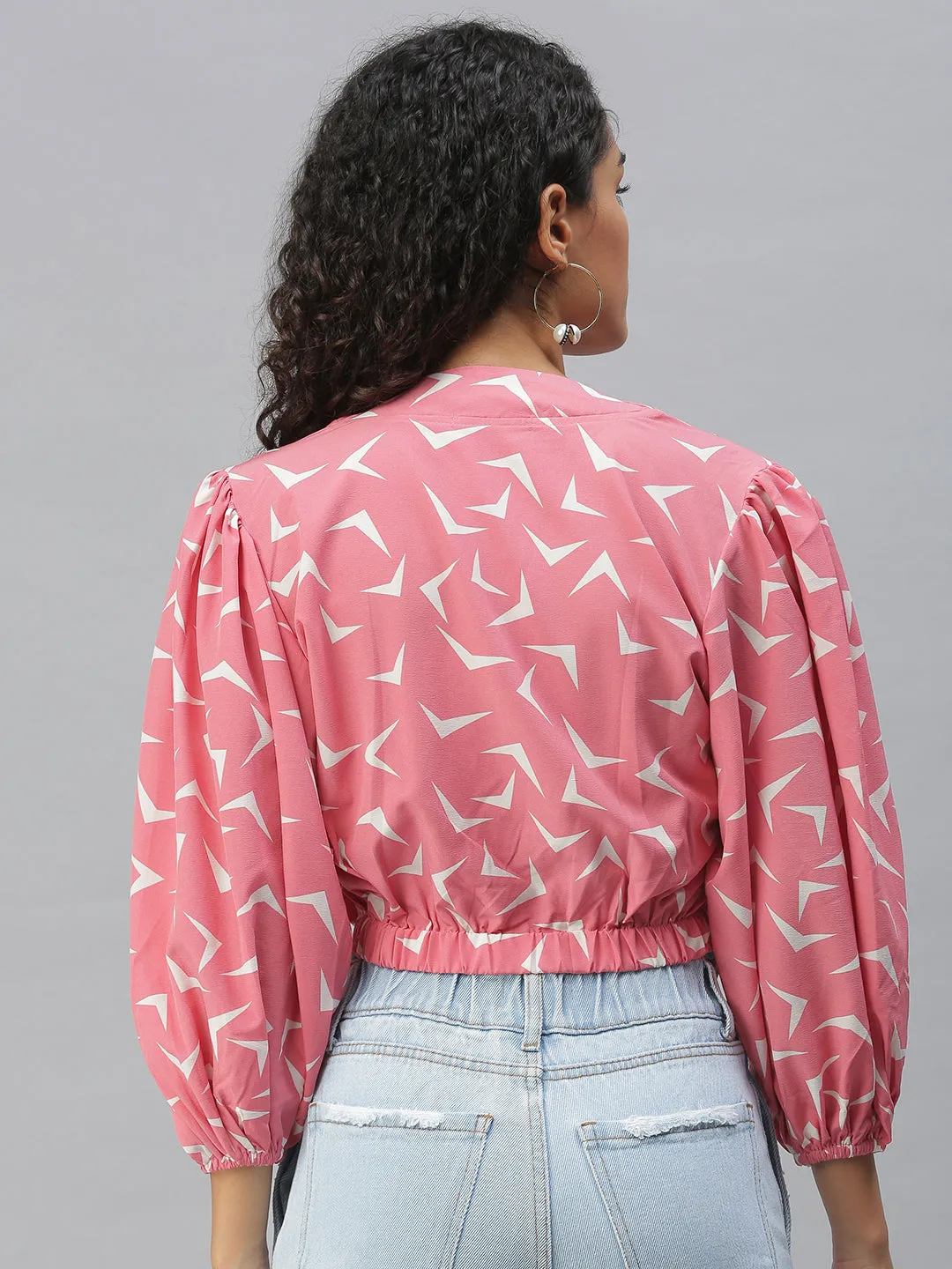 Women Pink Geometric Print Crepe Shirt Style Crop Top