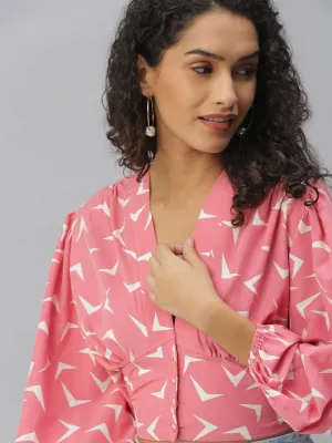 Women Pink Geometric Print Crepe Shirt Style Crop Top