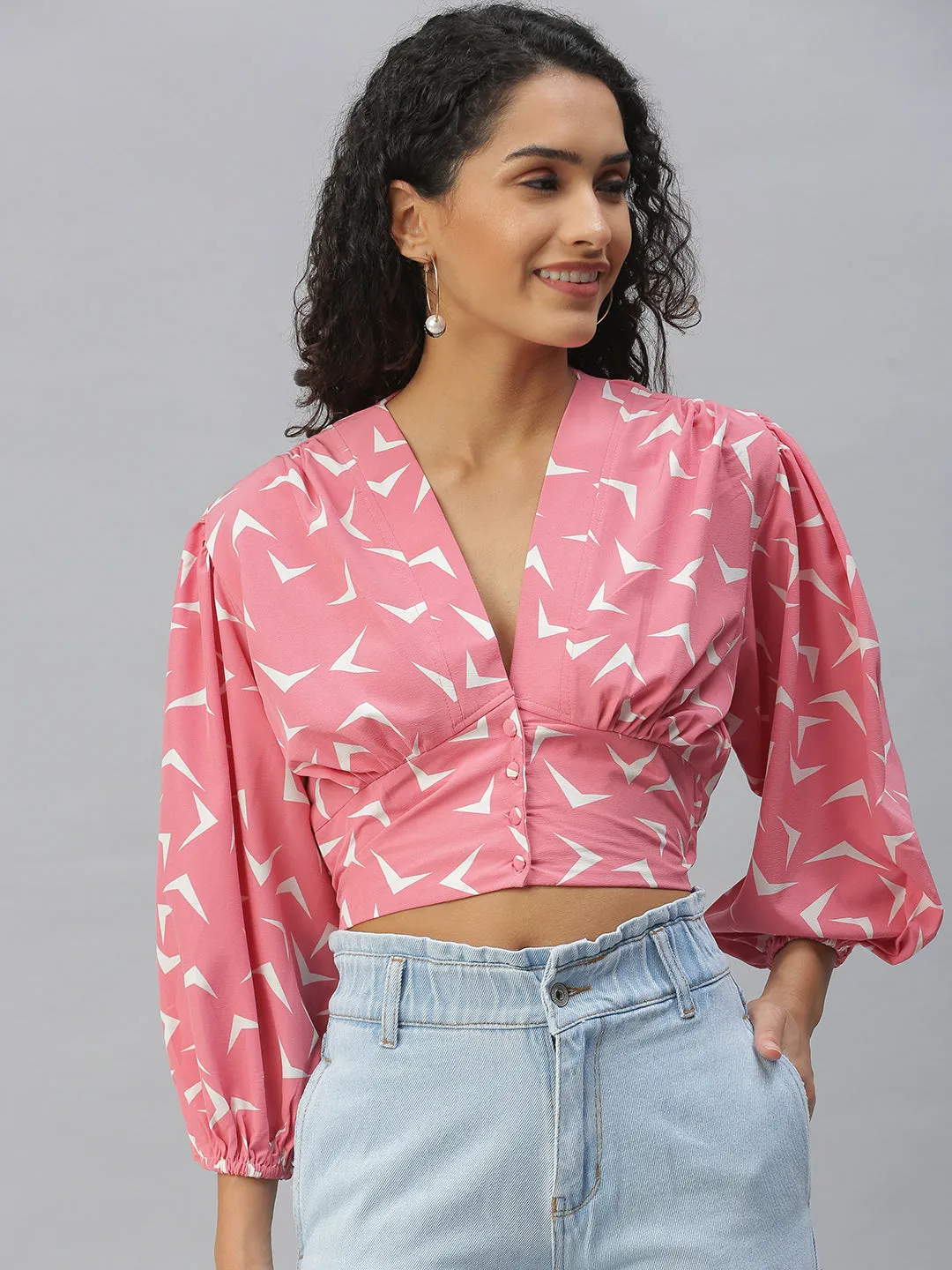 Women Pink Geometric Print Crepe Shirt Style Crop Top