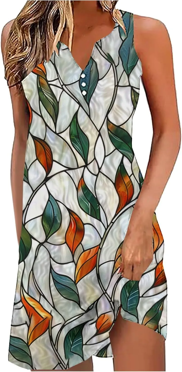 Women Sleeveless Casual Beach Dresses Boho Floral Print Sundress Comfortable Fashion Summer Clothes