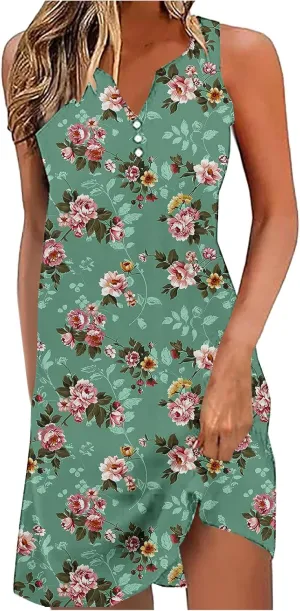 Women Sleeveless Casual Beach Dresses Boho Floral Print Sundress Comfortable Fashion Summer Clothes