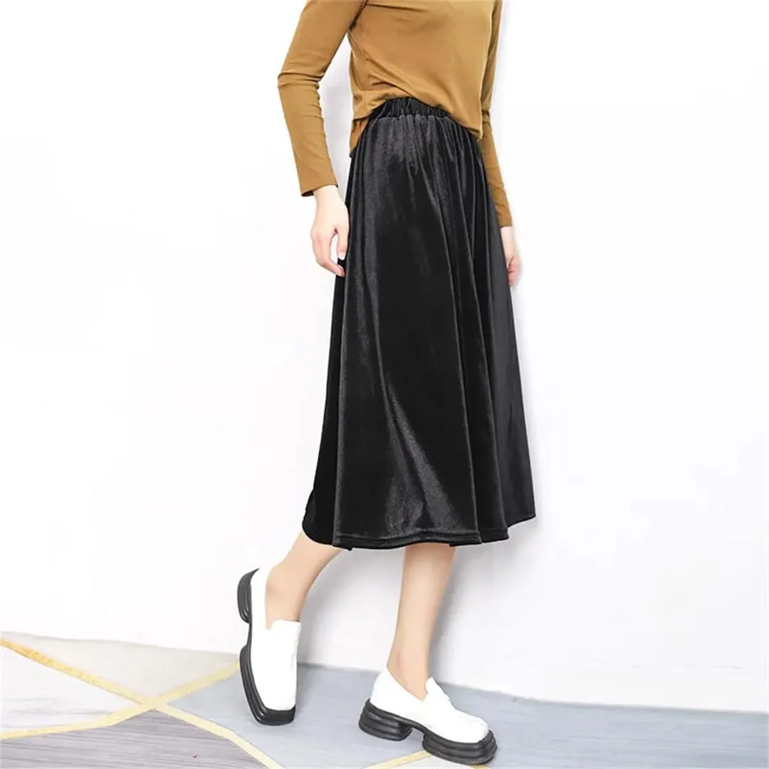 Women Solid Corduroy A Line Skirt High Waist Pleated Thick Warm Casual Midi Long Skirts