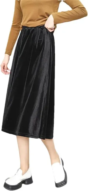 Women Solid Corduroy A Line Skirt High Waist Pleated Thick Warm Casual Midi Long Skirts