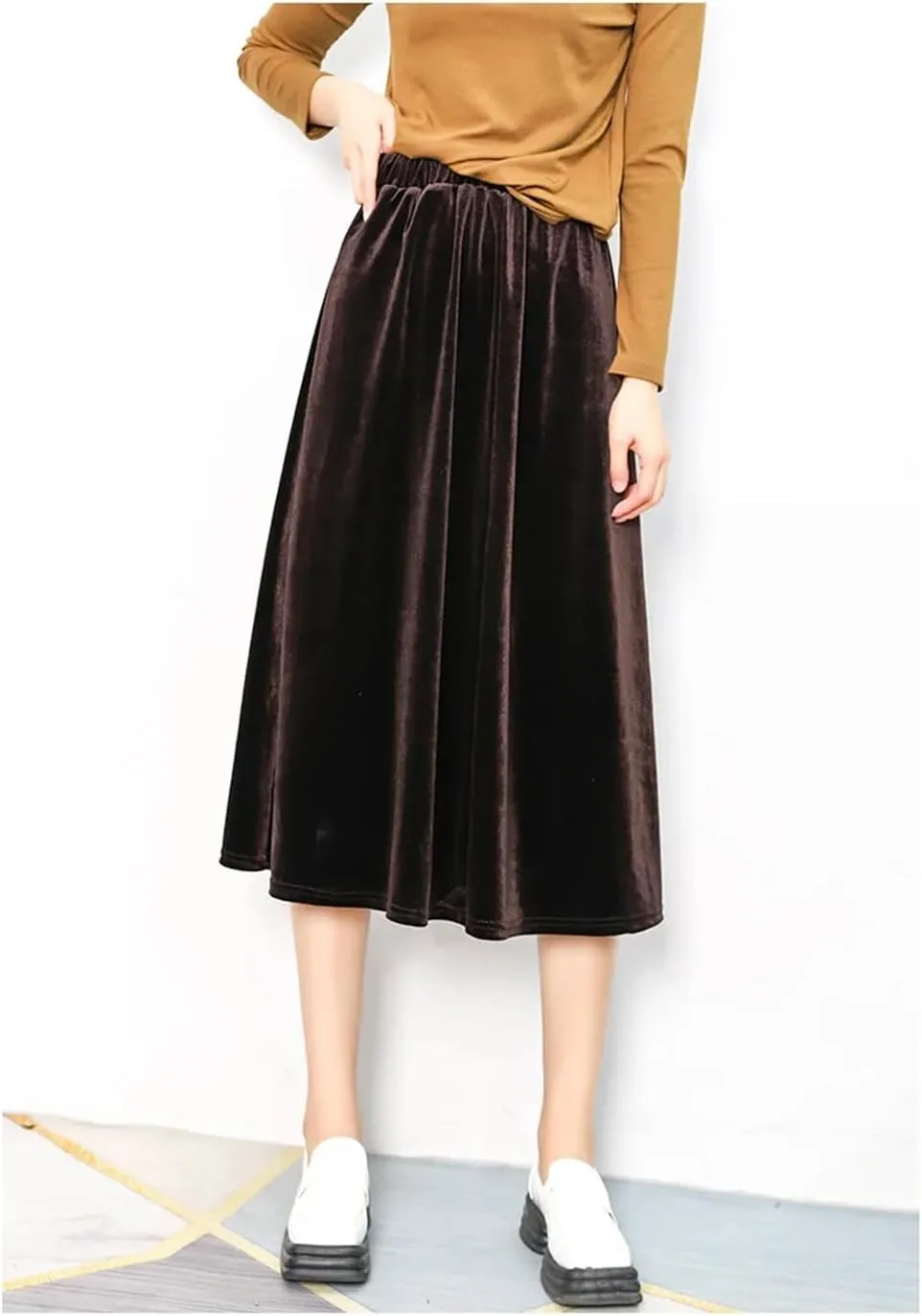 Women Solid Corduroy A Line Skirt High Waist Pleated Thick Warm Casual Midi Long Skirts