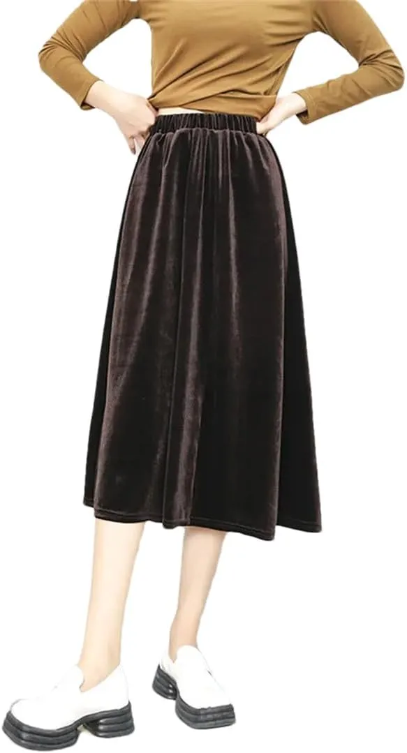 Women Solid Corduroy A Line Skirt High Waist Pleated Thick Warm Casual Midi Long Skirts