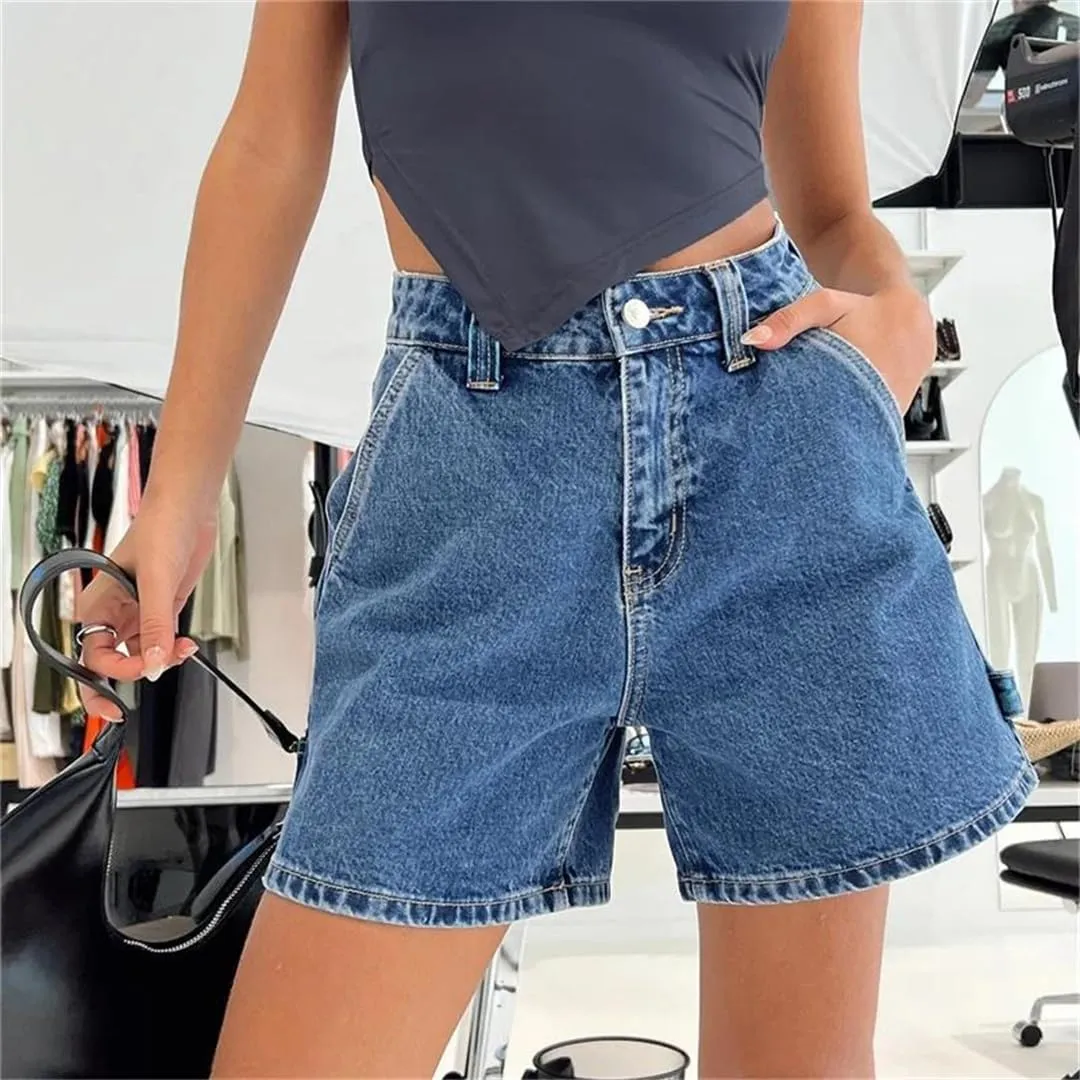 Women Summer High Waisted Carpenter Denim Shorts with Pockets Trendy Shorts