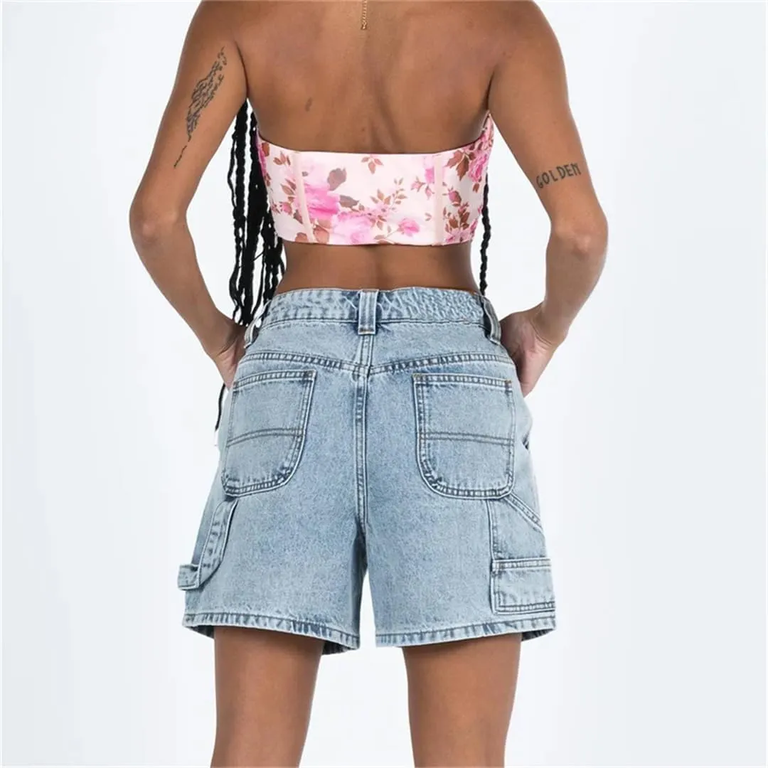 Women Summer High Waisted Carpenter Denim Shorts with Pockets Trendy Shorts