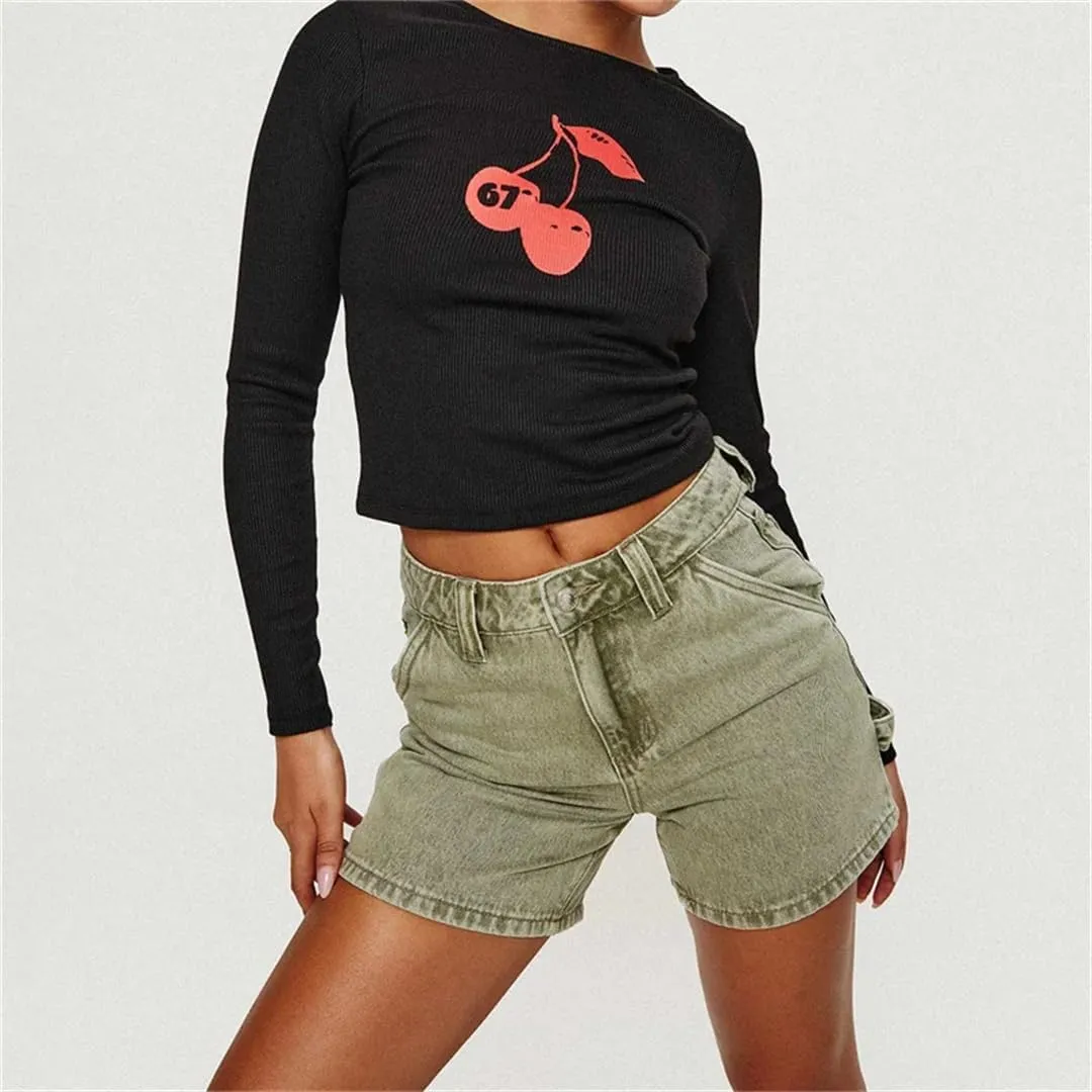 Women Summer High Waisted Carpenter Denim Shorts with Pockets Trendy Shorts