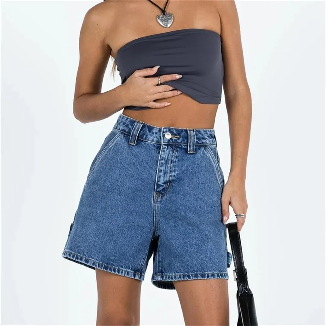 Women Summer High Waisted Carpenter Denim Shorts with Pockets Trendy Shorts